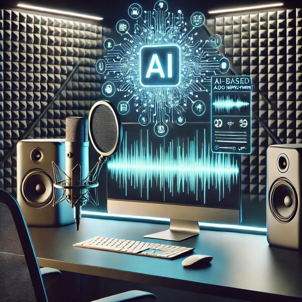 DALL·E 2024 06 25 15.58.04 A professional AI based audio improvement setup. Show a modern workspace with a high quality microphone on a desk, surrounded by soundproof panels. In