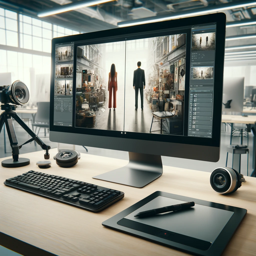 DALL·E 2024 06 25 15.59.20 A professional AI image editing setup in a modern workspace. Show a dual monitor setup on a clean desk. One monitor displays a photo editing software